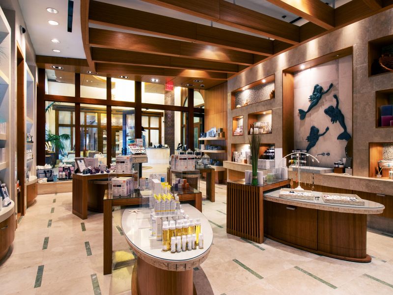 Wellness items on display inside the Spa Shop at the Inn